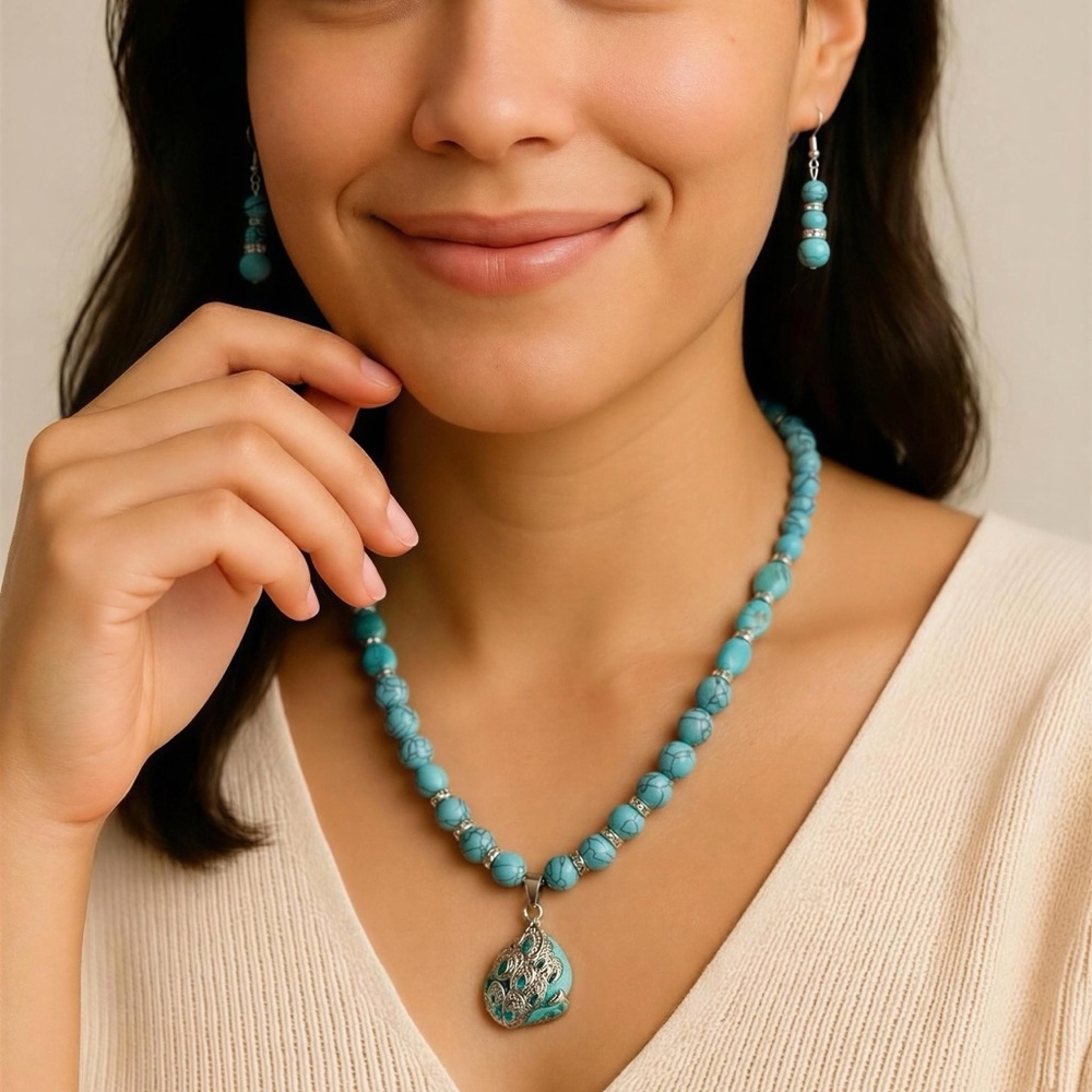 ON SALE GOING FAST!!!Turquoise Beaded Necklace and Earrings Set - Women Jewelry